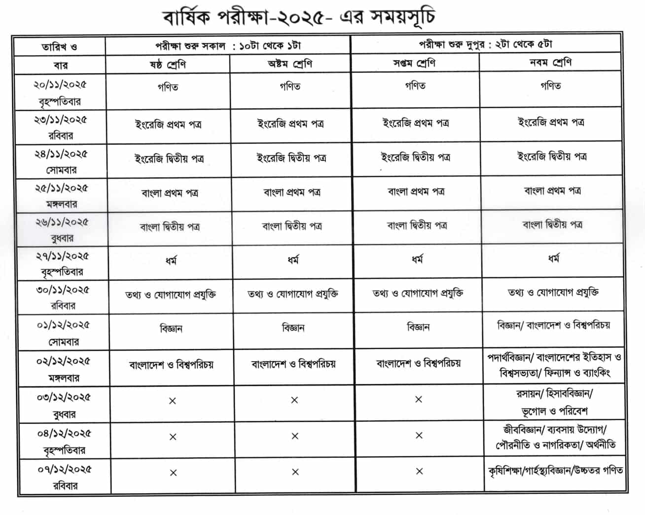 Routine : Class 6 to 9